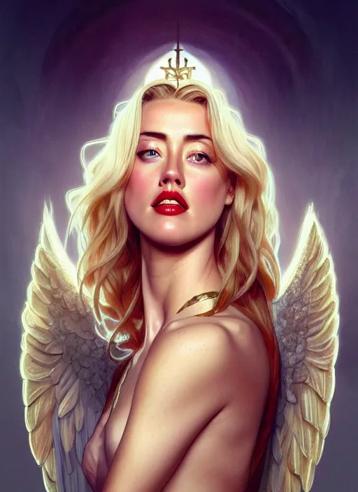 Image similar to portrait of amber heard as an blonde angel, wings, bible, intricate, headshot, highly detailed, digital painting, artstation, concept art, sharp focus, cinematic lighting, illustration, art by artgerm and greg rutkowski, alphonse mucha, cgsociety