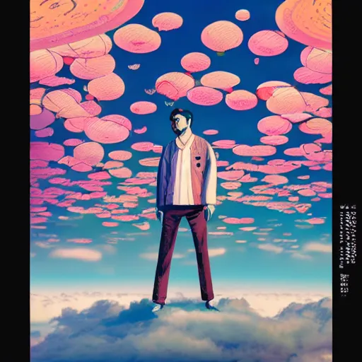 Image similar to a man walking on clouds away from the camera above kyoto by takashi murakami, beeple and james jean, aya takano color style, 4 k, super detailed, modern, 4 k, symmetrical