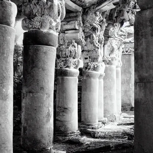 Prompt: the colonnade of the ancient cathedral in the jungle, death