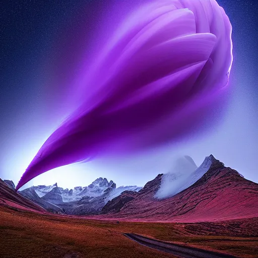 Image similar to amazing landscape photo of a purple tornado in the shape of a cone by marc adamus, digital art, beautiful dramatic lighting