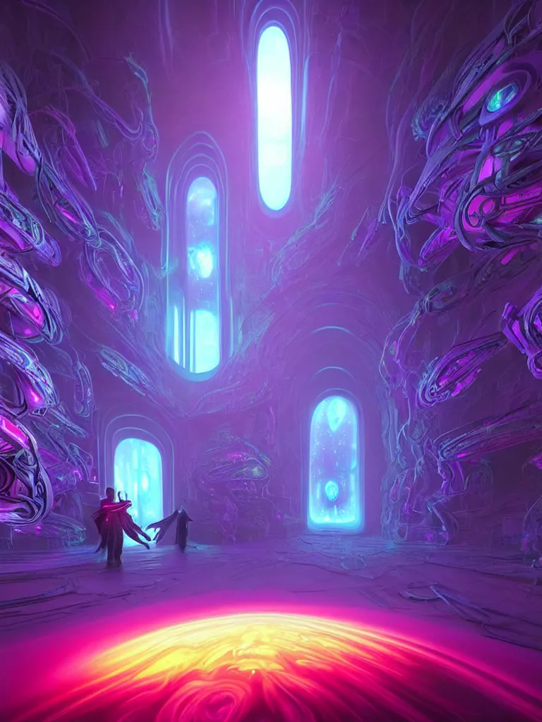 Image similar to entrance to ethereal realm, matrix sentient, rendered in unreal engine, central composition, symmetrical composition, dreamy colorful cyberpunk colors, 6 point perspective, fantasy landscape with anthropomorphic!!! terrain!!! in the styles of igor morski, jim warren and rob gonsalves, intricate, hyperrealistic, volumetric lighting, neon ambiance, distinct horizon