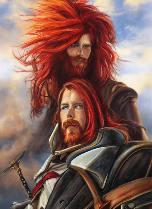 Prompt: epic fantasy portrait painting of a long haired, red headed male sky - pirate in front of an airship in the style of the gundam