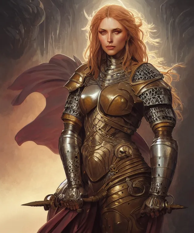 Image similar to Muscular and powerful medieval knight woman portrait, sci-fi, amber eyes, face, long hair, fantasy, intricate, elegant, highly detailed, digital painting, artstation, concept art, smooth, sharp focus, illustration, art by artgerm and greg rutkowski and alphonse mucha