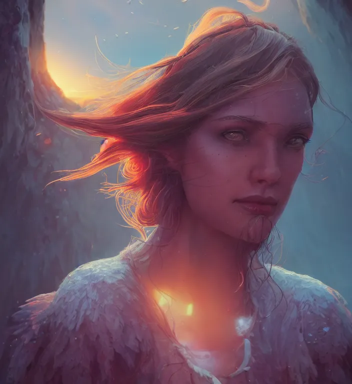 Image similar to centered waist up portrait photography an angel + bokeh + DOF + 8k, photorealistic + rendered in unreal engine + colors and composition by Peter Mohrbacher + line work by Dan Mumford , ultra realistic + backlit + strong rimlight, sunset + HDRI, HD, Photoreal