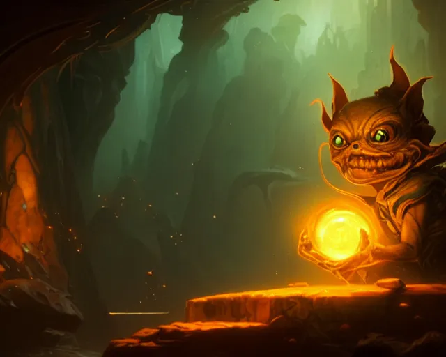 Image similar to a 4 k cinematic screenshot still portrait of a gremlin in a dark liminal space room surrounded by amber glow, deep focus, d & d, fantasy, intricate, elegant, highly detailed, digital painting, art station, concept art, matte, sharp focus, illustration, dark fantasy style art, hearthstone, art by artgerm and greg rutkowski and alphonse mucha