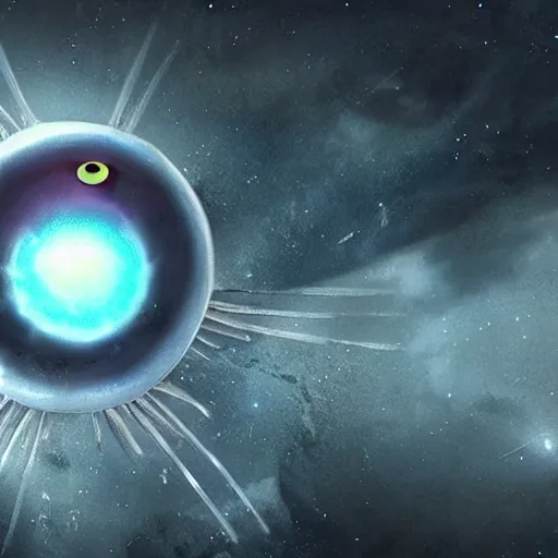 Prompt: an eyeball with wings observes the world from space, concept art, very aesthetic,