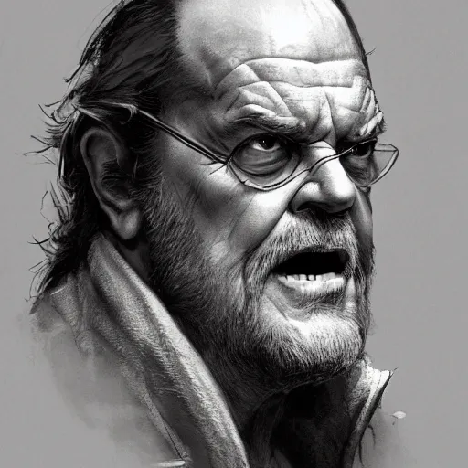 Image similar to portrait of Jack Nicholson with a long gray beard as Gandolf the Gray, dramatic lighting, illustration by Greg rutkowski, yoji shinkawa, 4k, digital art, concept art, trending on artstation