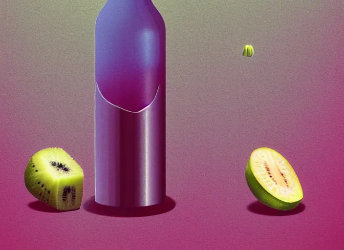 Image similar to ( ( dithered ) ), editorial illustration strawberries blueberries sliced kiwi sliced lemon inside a clear drinking bottle, isometric, modern art deco, mads berg, karolis strautniekas, christopher balaskas, stippled light, fog, fine texture, dynamic composition, matte print, muted color