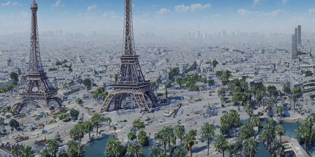 Image similar to the beautiful bustling city of paris rebuilt as a coastal city in california, beautiful weather, palm trees, splendid haussmann architecture, eiffel tower in the middle, digital painting, highly detailed, intricate, concept art, matte painting, trending on artstation, octane render, 8 k, unreal engine