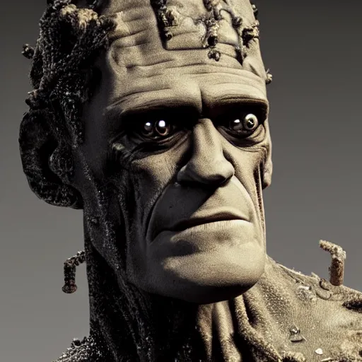 Image similar to a frankenstein monster made out of mechanical parts, 8 k, shallow depth of field, 8 k, ultra high detail, concept art,