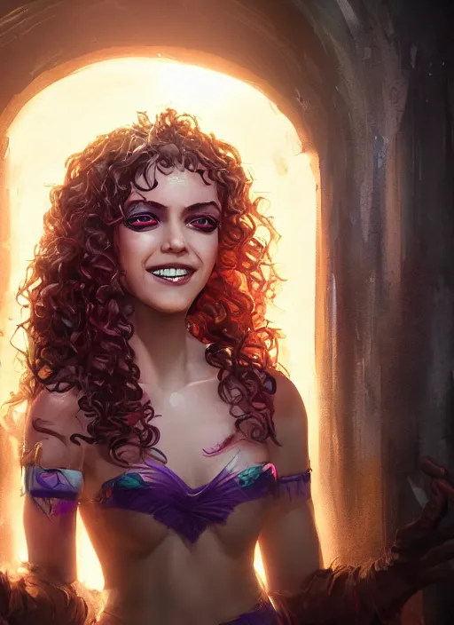 Image similar to an epic fantasy comic book style portrait painting of a girl wearing colorful makeup with a mischievous smile and curly brown hair stepping out of a doorway with light shining behind her, unreal 5, daz, hyperrealistic, octane render, cosplay, rpg portrait, dynamic lighting