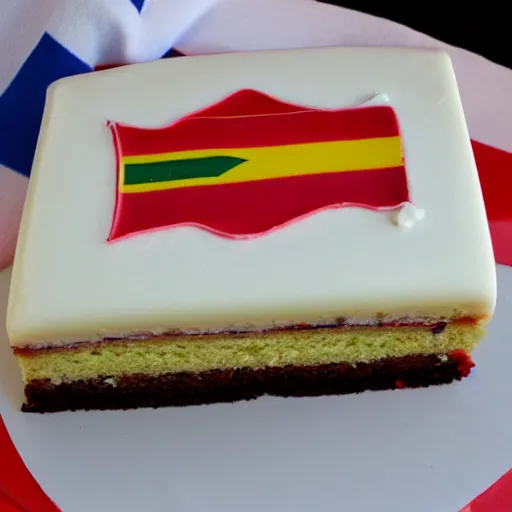 Image similar to slice of cake, the side of the cake is colored with the pattern of the south african flag, south african flag cake