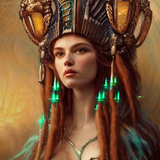 Image similar to octane render, artstation, 8 k, intricate detail, hyper detail, portrait by h. r. giger, gaston bussiere, bayard wu, greg rutkowski, greg rutkowski, sandro botticelli, tan lady of elche egyptian sumerian techno mystic goddess princess intergalactica inanna with aqua neon rapunzel dreadlocks,