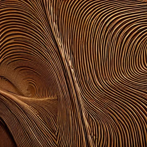 Image similar to a very intricate wood sculpture in the shape and texture of waves, fractal patterns, deep and expressive grain patterns, volumetric lighting, light rays, photorealistic, ultrarealistic, coronarender, 8k