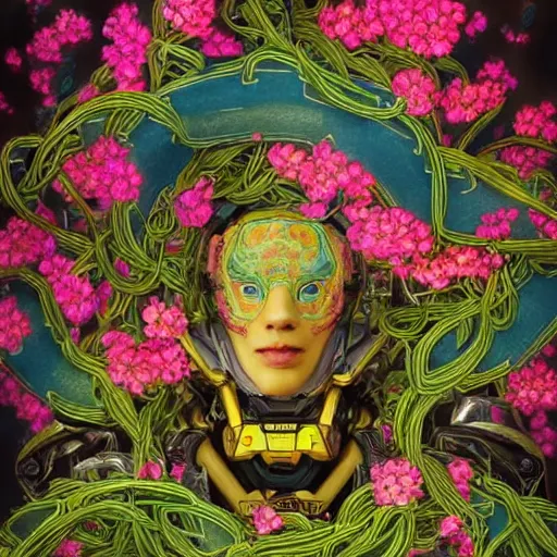 Image similar to colourful vfx art - portrait of army mecha robot wrapped in flowers & vines, art by utagawa kunisada & james jean, volumetric light, ray tracing, sharp, detailed, digital painting, illustration, highly detailed, intricate detail, unreal engine, octane render, global light, pinterest, behance, art station,