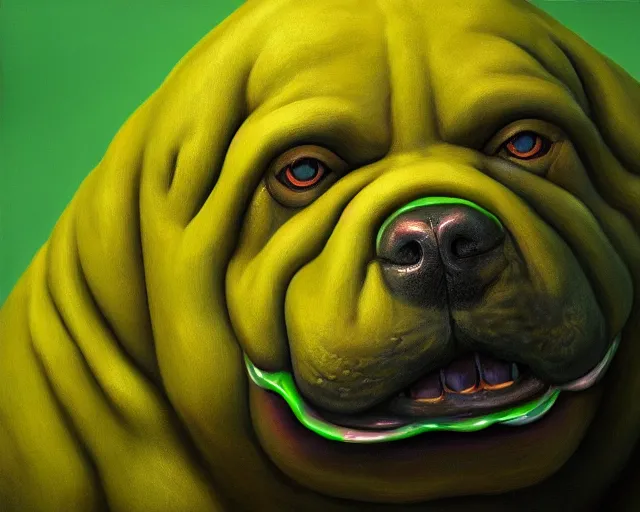 Image similar to Haunting horrifying hyperrealistic detailed painting of a fat dog canine creature made of slime, gelatinous green goop, heavy metal, disgusting, creepy, unsettling, and glowing yellow eyes, hyper detailed, trending on Artstation