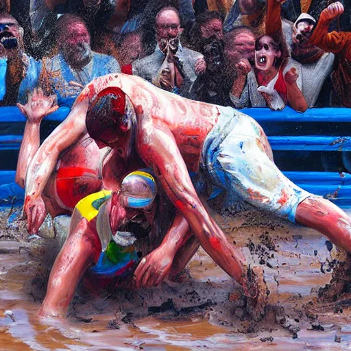 Image similar to 3 drunks fall over mud - wrestling,, oil painted ( ( ( ( ( ( by jeef koons ) ) ) ) ) )