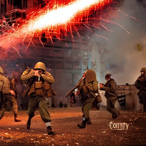 Image similar to world war 2 combat scene in city with explosions, photography style