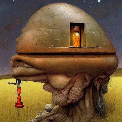 Prompt: House shaped as a human head by Esao Andrews