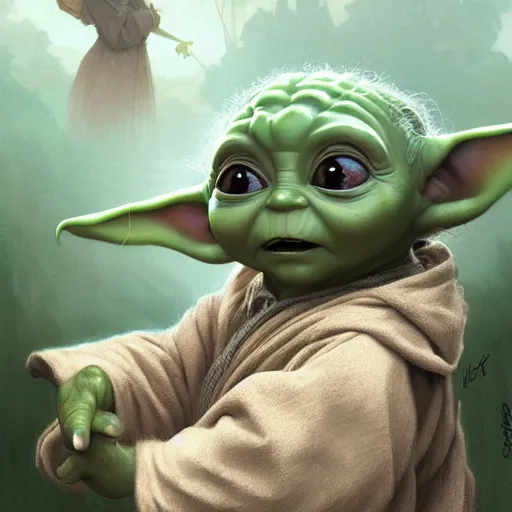 Prompt: baby yoda in the role of frodo baggins, intricate, elegant, highly detailed, digital painting, artstation, concept art, smooth, sharp focus, illustration, art by artgerm and greg rutkowski and alphonse mucha and william - adolphe bouguereau