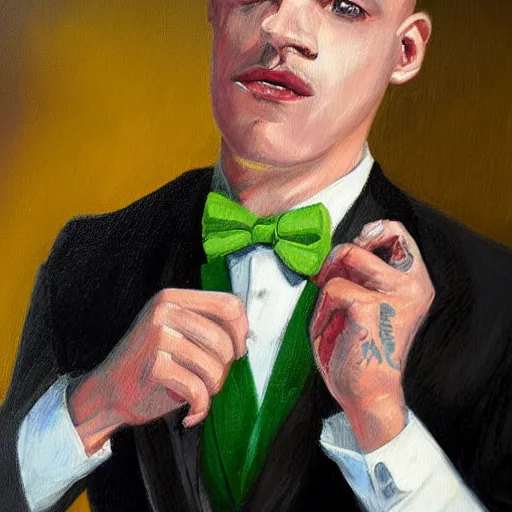 Prompt: a close - up painting of a gangster irish man with a fade haircut, wearing a suit, bowtie, and ring, lighting a cigar, highly detailed