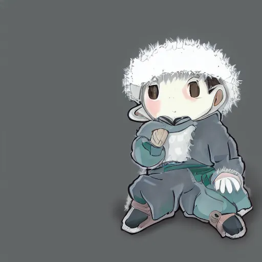 Image similar to little boy wearing sheep suit. white, gray, blue, green and brown pallet color. made in abyss art style, inspired in kris from deltarrune, cute detailed artwork