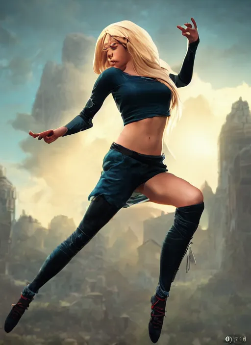 Prompt: An epic fantasy comic book style portrait painting of an athletic blonde female thief dancing, unreal 5, DAZ, hyperrealistic, octane render, cosplay, RPG portrait, dynamic lighting