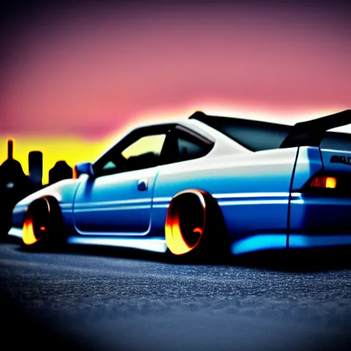 Image similar to a car Nissan Silvia at illegal car meet, Shibuya prefecture, city sunset, cinematic color, photorealistic, highly detailed