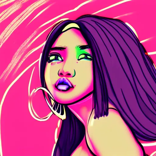 Image similar to beautiful blasian woman raps into microphone, hip hop vaporwave, abstract background, neon, beautiful eyes, full lips, highest quality, professional artist, Zeronis, detailed, 4k