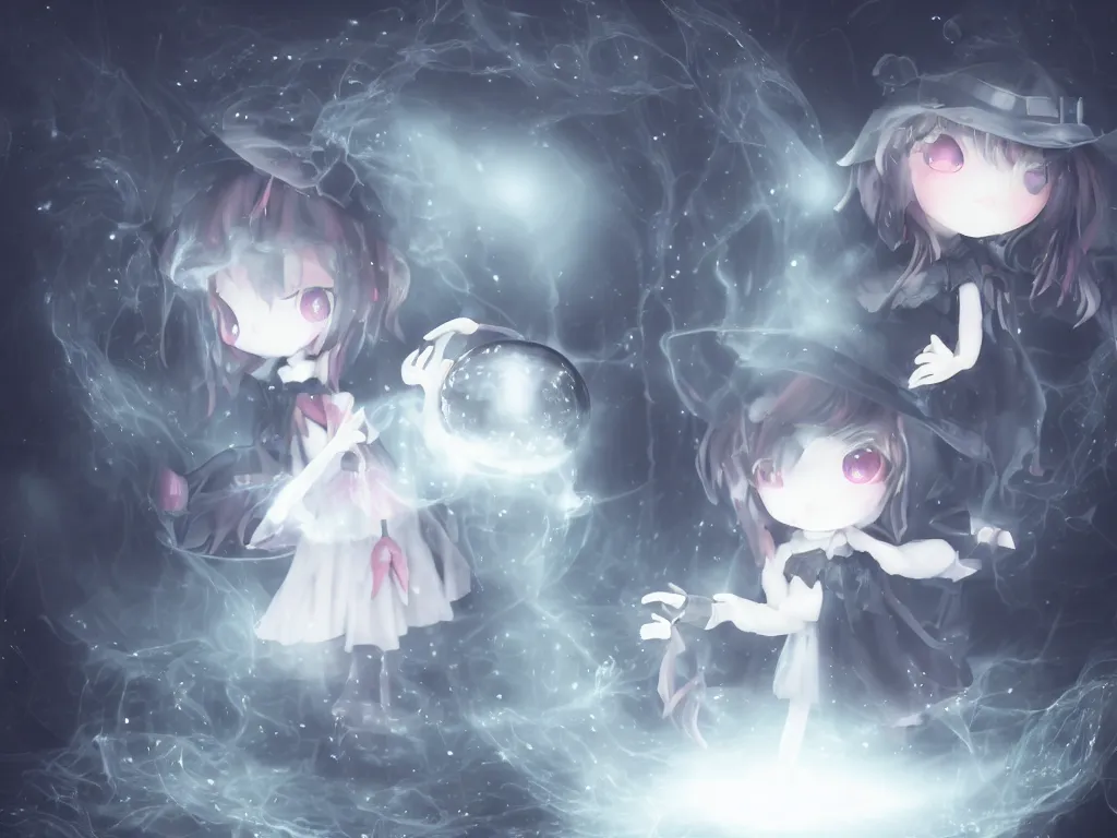 Image similar to cute fumo plush girl gazing into a crystal ball swirling with strange energy, casting a powerful spell, black and white eldritch gothic horror, smoke and volumetric fog, witch girl, soothsayer, lens flare glow, chibi anime, vray