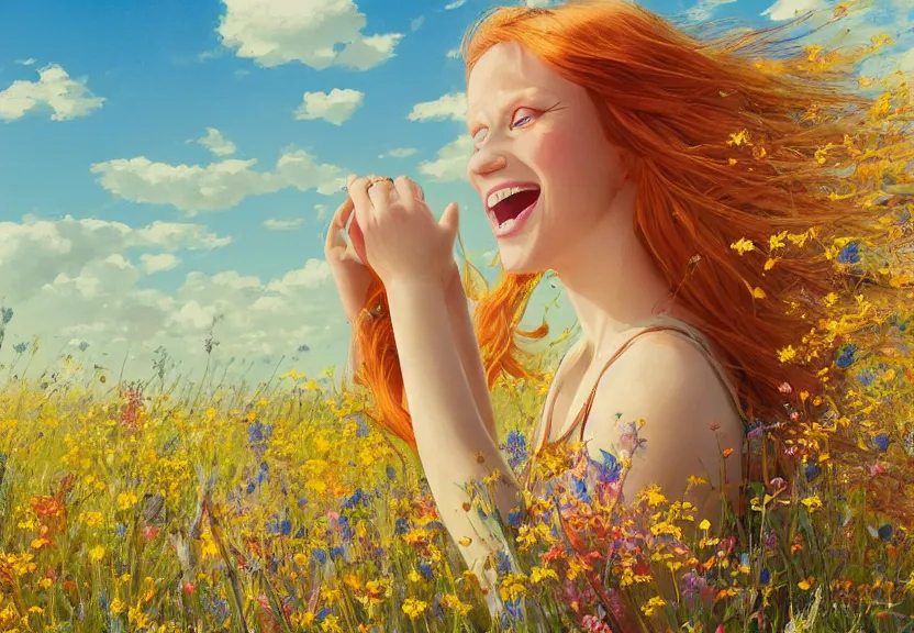 Image similar to a happy woman with copper hair and a flowing yellow sundress dancing in a field of wildflowers, with cute - fine - face, pretty face, realistic shaded perfect face, fine details by realistic shaded lighting poster by ilya kuvshinov katsuhiro otomo, magali villeneuve, artgerm, jeremy lipkin and michael garmash and rob rey