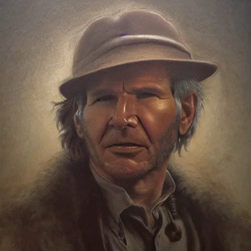 Image similar to a striking hyper real painting of Harrison Ford by da Vinci.