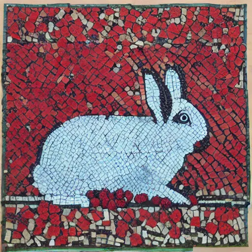 Image similar to a rabbit eating raspberries in the style of ancient mosaic