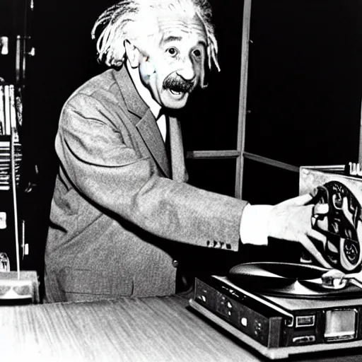 Prompt: color photograph of Albert Einstein DJing a record player at a nightclub, color photograph, color photograph