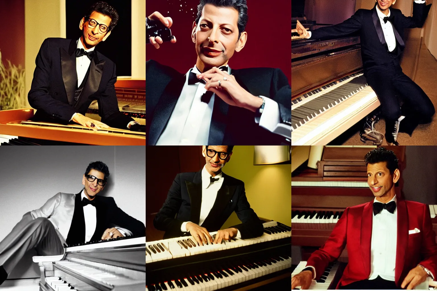 Prompt: jeff goldblum lying on a piano, sparkling tuxedo, martini in hand, realistic, 8 0's style