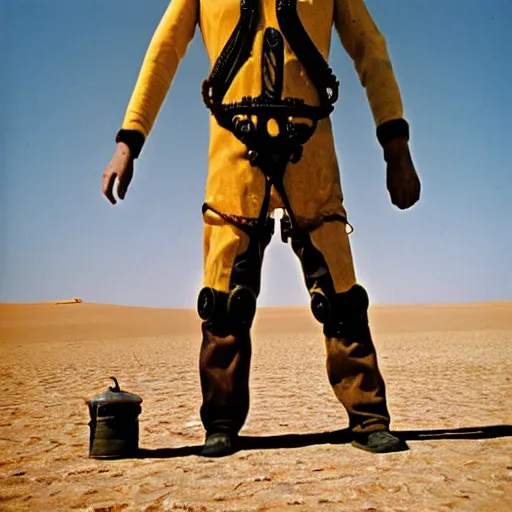 Image similar to a man wearing an old diving suit, in the desert, arriflex 35