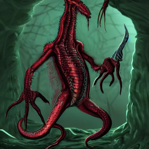 Image similar to big butcher anthropomorphic male lizardfolk posing scarily, scary angry pose, bloody, covered in blood, fresh kill, cleaver, in a cave, earie setting, lovecraft eldritch horror, hyperdetailed, furaffinity, anthro art