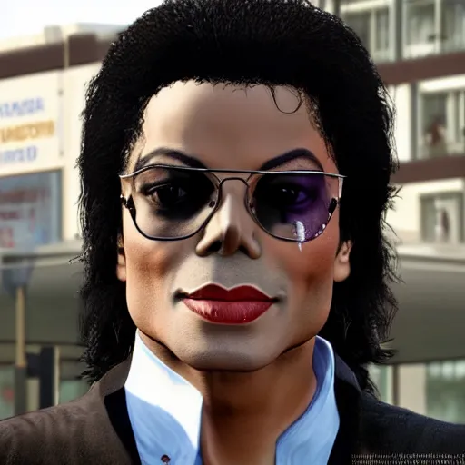 Prompt: Michael Jackson in GTA 5, wearing glasses and strolling down the street, 8k, photorealistic imagery, trending on artstation,