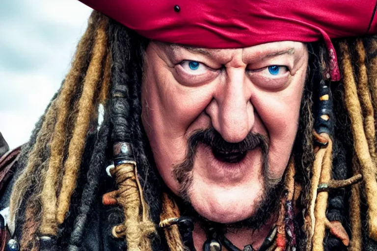 Image similar to promotional image of stephen fry as a gritty pirate captain in the new Pirate of the Carribean movie, dark stormy weather, detailed face, movie still frame, promotional image, imax 70 mm footage