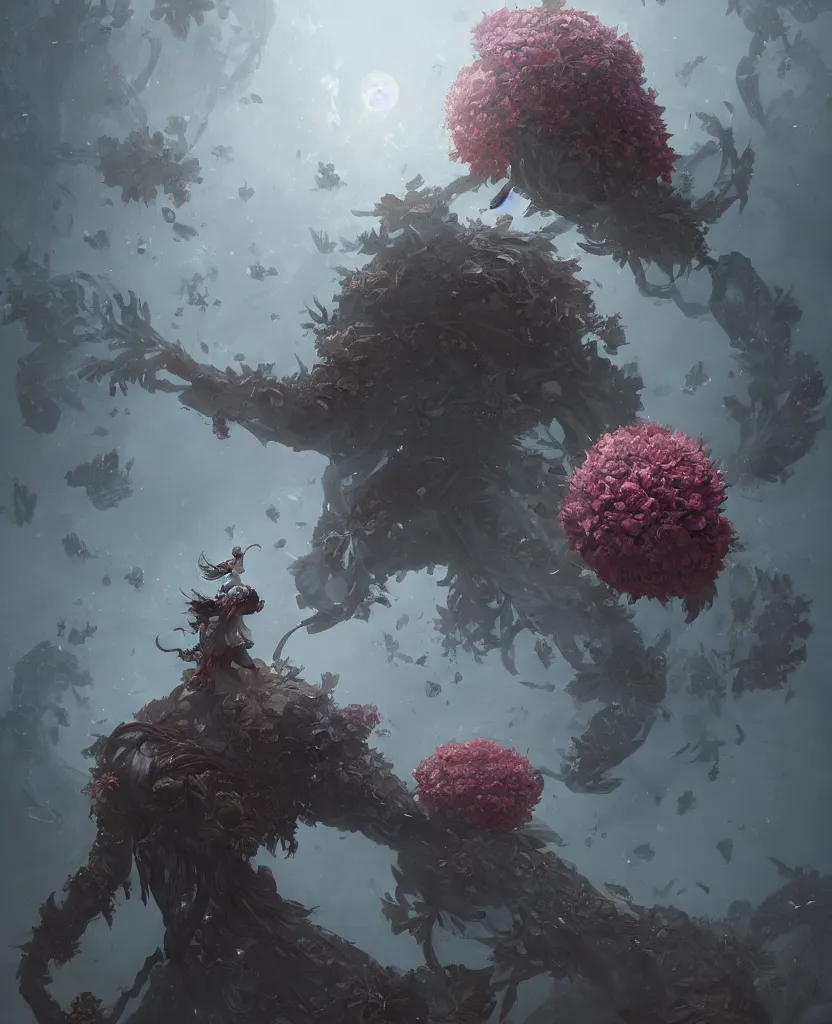 Image similar to a fancy portrait of a giant floating flower by Greg Rutkowski, Sung Choi, Mitchell Mohrhauser, Maciej Kuciara, Johnson Ting, Maxim Verehin, Peter Konig, Bloodborne , 8k photorealistic, cinematic lighting, HD, high details, atmospheric , trending on artstation