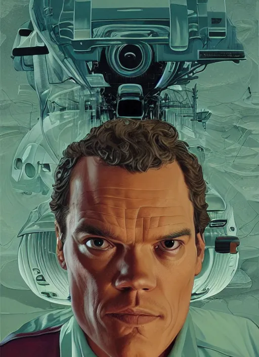 Image similar to poster artwork by Michael Whelan and Tomer Hanuka, Karol Bak of portrait of Michael Shannon!!!! the local mechanic clerk at the auto store, discovering aliens, from Twin Peaks, clean, simple illustration, nostalgic, domestic, full of details