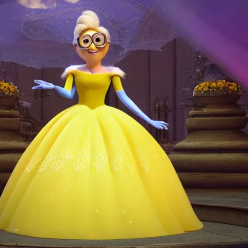 Image similar to Yellow minion from despicable me, wearing Princess Elsa dress from Frozen Disney, 3d ray tracing, HD, rendered, highly detailed model, centered, full body shot, wide angle lens