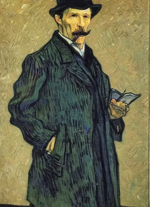 Prompt: lifelike oil painting portrait of sherlock holmes by van gogh