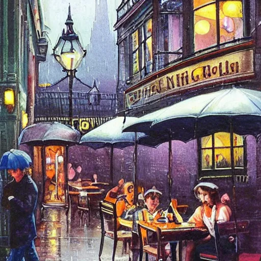 Image similar to busy cafe in a rainy victorian city, neil gaiman