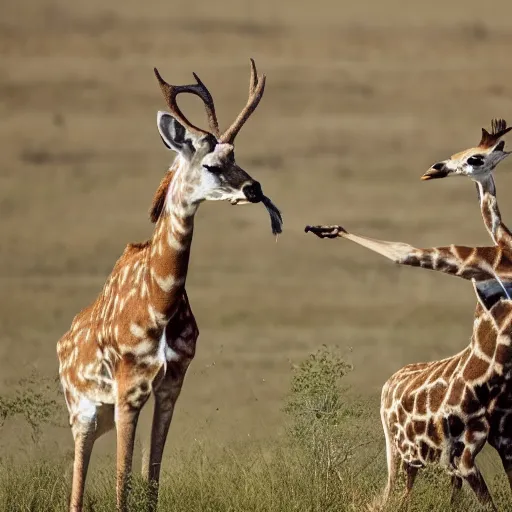 Image similar to photo of a deer shouting aggressively at a giraffe, giraffe doesn't care, award-winning photograph, national geographic, 8k