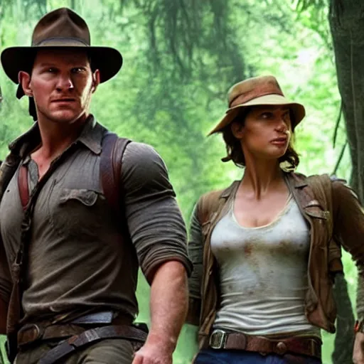Prompt: still from the movie with Indiana Jones (played by chris pratt), Lara Croft (played by Alicia Vikander) and Nathan Drake (played by tom holland), award-winning cinematography, 4k