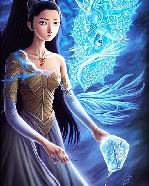 Image similar to an epic fantasy comic book style painting of a young malaysian woman, flying ice magician, lace, expressive, cold palette, dark piercing eyes, tan skin, beautiful futuristic hair style, awesome pose, character design by mark ryden pixar hayao miyazaki, ue 5