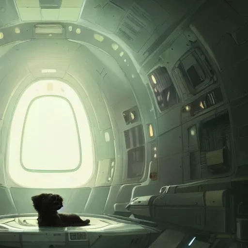 Image similar to little dog inside a hypersleep pod inside a cyberpunk spaceship, very realistic, greg rutkowski, caspar david friedrich, smooth, illustration, elegant, artstation, digital painting