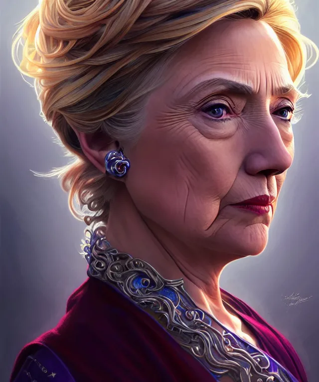 Image similar to Hillary Clinton as a fantasy magic woman portrait, sci-fi, amber eyes, face, long hair, fantasy, intricate, elegant, highly detailed, digital painting, artstation, concept art, smooth, sharp focus, illustration, art by artgerm and greg rutkowski and alphonse mucha