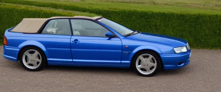Prompt: Denim Blue Audi A4 B6 Avant Convertible (2002), soft top roof raised, red interior, created by Barclay Shaw